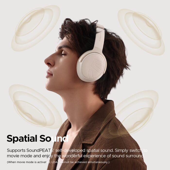 Soundpeats Space Casque Bluetooth  Pro Beige – Hi‑Res Audio LDAC, double drivers 40+10 mm, ANC hybride -47 dB, 151h d’autonomie, Bluetooth 5.4 et triple connexion (BT/USB/AUX) – Image 2