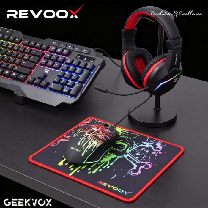 Pack Gaming REVOOX GEEKVOX RP-KWC01 – Clavier 105 touches RGB Rainbow, Souris 3600 DPI et Casque RGB – Image 2