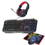 Casque gaming avec micro, clavier rétroéclairé RGB et souris 3600 DPI pour gamers.