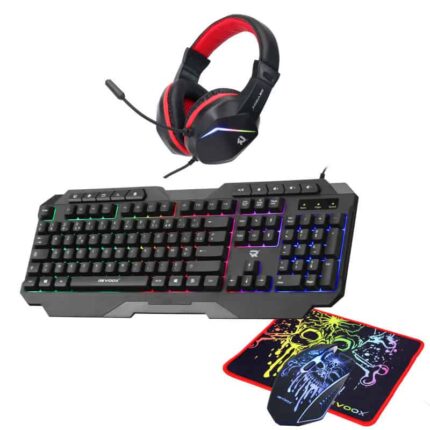 Casque gaming avec micro, clavier rétroéclairé RGB et souris 3600 DPI pour gamers.