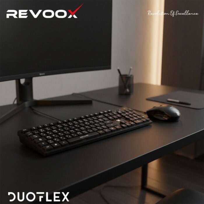 Clavier et souris filaires Revoox DUOFLEX RKM-W101 pour ordinateur, design compact et ergonomique.
