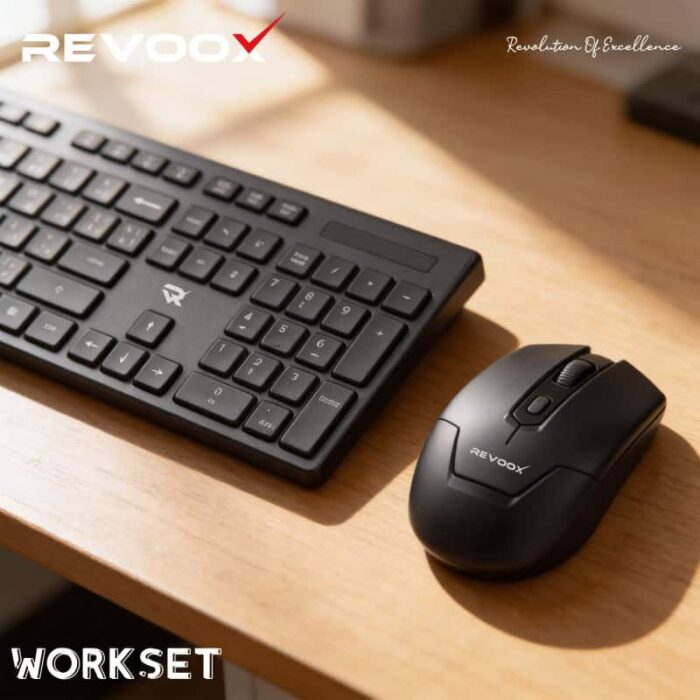 Clavier et souris sans fil Revoox WORKET RKM-B201, connectivité 2.4G, design ergonomique.